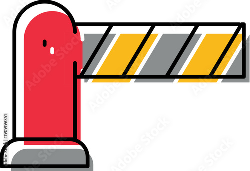 Road barrier with red post and yellow striped arm blocking vehicle access to a parking lot or restricted area, symbolizing security, entry control, and traffic restriction