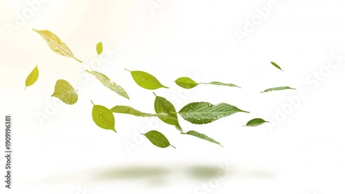 Floating green leaves drift gently in soft light with dewdrop detail and water droplets evoking fresh plant foliage nature breeze leaf
