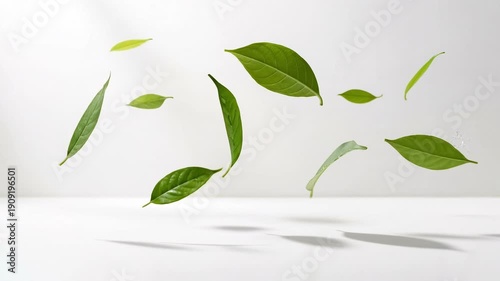 Floating green leaves drift gently across bright studio backdrop and drift bright studio light creating fresh natural motion and gently drift above