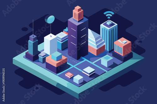 Flat vector illustration of a smart city with interconnected buildings, autonomous vehicles, and digital network connections.