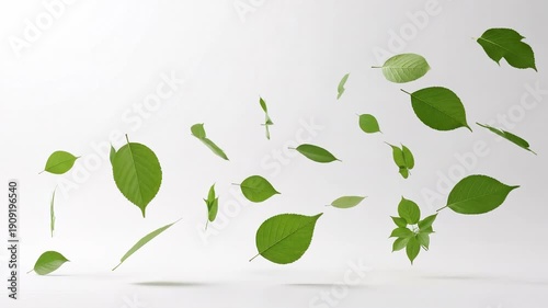Floating green leaves drift across bright minimal background creating peaceful natural movement and calm atmosphere with delicate veins and fresh
