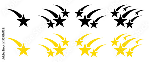 Black and yellow shooting star collection featuring various trailing comet designs with multiple stars for magical night sky astronomical graphics or success achievement concepts.