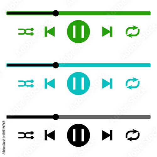 Media player interface set featuring playback control icons including pause, skip, shuffle, and repeat with horizontal progress bars in green, teal, and black for mobile app music player design.