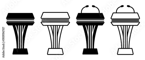 Public speaking podium set featuring four black silhouette and line art lectern designs, including versions with dual microphones for press conferences or academic presentations.