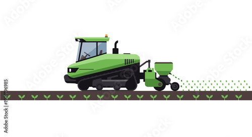 A modern green agricultural tractor with tracks is diligently planting seeds in neatly tilled rows across a fertile field.
