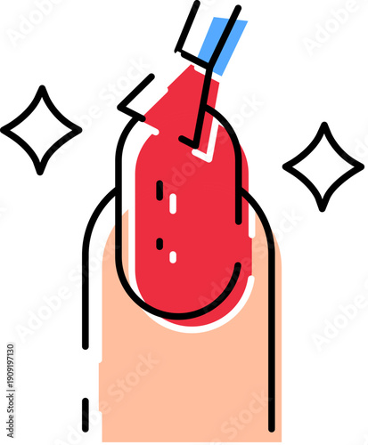 Finger receiving an application of red nail polish with a brush, symbolizing beauty treatments, cosmetic procedures, and fashion trends associated with hand care and nail art services