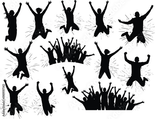 Silhouettes of joyful people jumping with raised arms and dynamic splash effects, symbolizing celebration, success, teamwork, happiness, festival spirit, motivation 