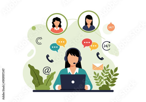 Modern Customer Service Illustration – 24/7 Online Support and Call Center Concept