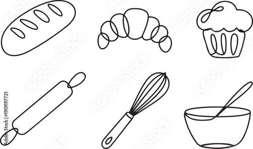 Fotografie Baking and pastry icons set in one line art style featuring bread