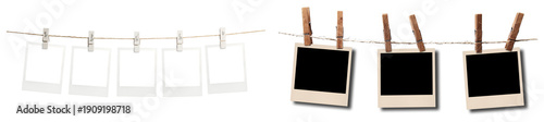 Konstfotografi empty instant photo frames on a string with wooden clothespins, perfect for displaying cherished memories and creative projects
