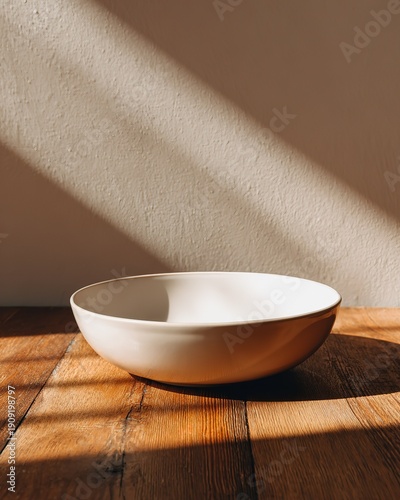 White Ceramic Bowl on Wooden Table, Minimalist Dining Tableware Display in Warm Window Light
