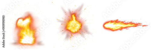 Cuadro en lienzo set of three dynamic cartoon-style fire explosions and a fiery comet or meteor streak, perfect for game design elements