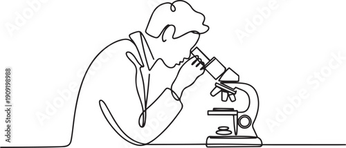 A continuous line art drawing of a scientist observing through a microscope in a laboratory.one line icon illustration with white background