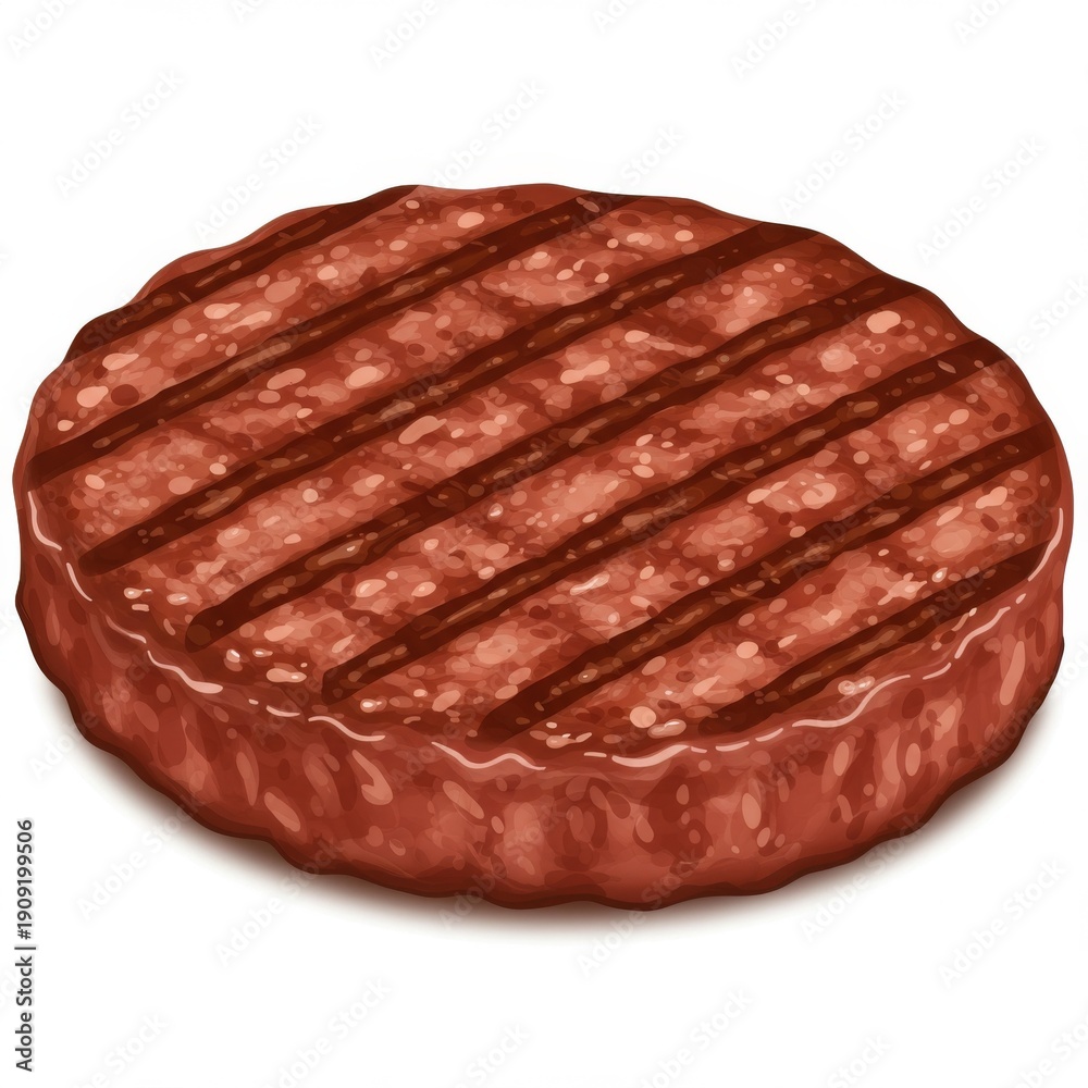 Obraz premium Close up Grilled Red Beef Patty with Distinct Grill Marks on White Background