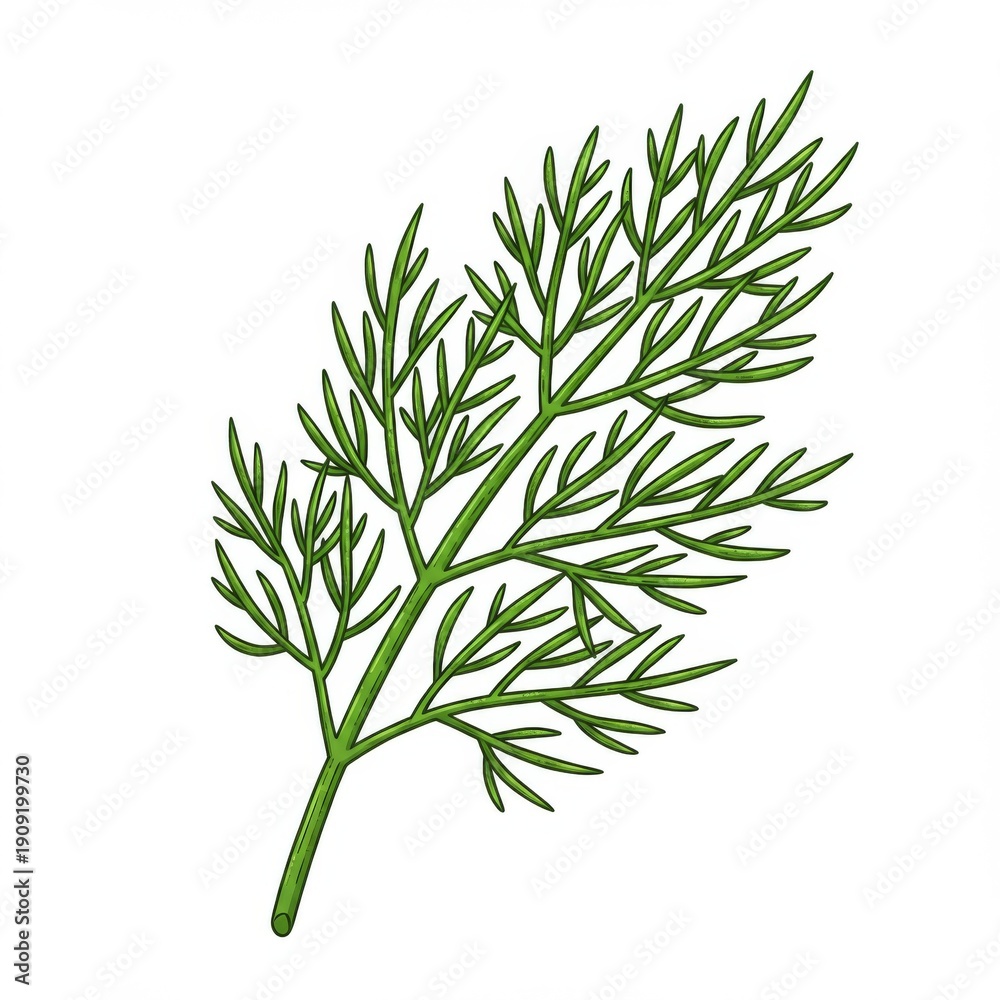 Fototapeta premium Single Dill Sprig with Green Leaves Isolated on White Background Macro View