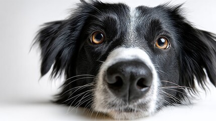Border collie close-up portrait with wide-angle perspective, showcasing alert expression, distinctive black and white fur, and prominent nose against a white background