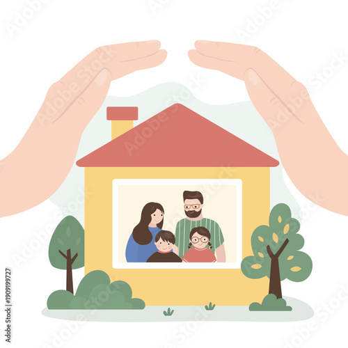 Family spending time together in small single house. Giant human hands cover Parents, children and building. Insurance, property protection. Healthcare assurance.