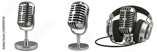 Canvastavla 3d render of classic chrome microphones and studio headphones, for podcasting, radio, and professional audio content