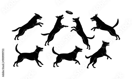 Dog playing and jumping silhouette set with running pet catching flying frisbee isolated on white background animal action vector illustration