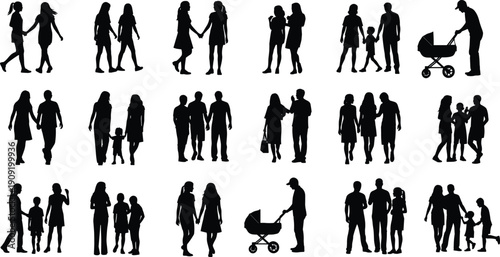 Black silhouettes of people walking holding hands or pushing strollers white background