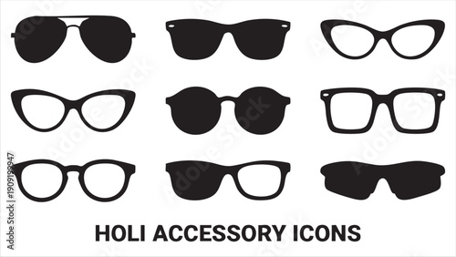 Photography Set of black silhouette holi accessory icons including various styles of sunglas