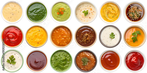 photograph of small white bowls in a grid, each filled with diverse condiments and dipping sauces.