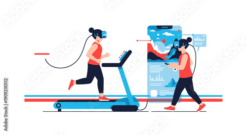 Women exercising on treadmills with virtual reality headsets.