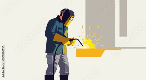 Industrial worker welding metal with protective gear in a factory setting.