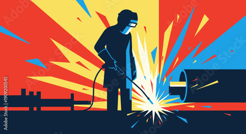 Welding worker in action with sparks flying around.