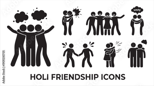 Holi friendship icons depicting friends celebrating and showing unity during the festival of colors