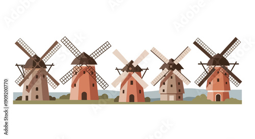 Colorful illustration of traditional Dutch windmills in a row.