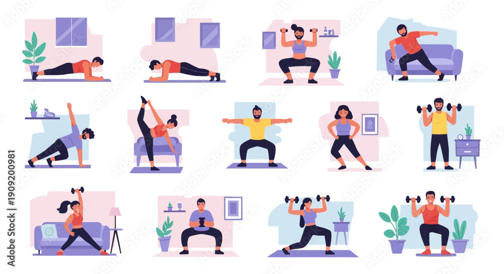 Fototapeta premium Collection of yoga poses and exercises for relaxation and fitness at home.