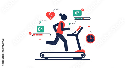 Woman Running on Treadmill with Health Metrics Displayed.