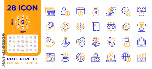 Income and salary pixel perfect two color two color line icons set. Money assets management. Profit control bicolor outtwo color line iconset isolated. Duotone pictograms thin linear. Editable stroke
