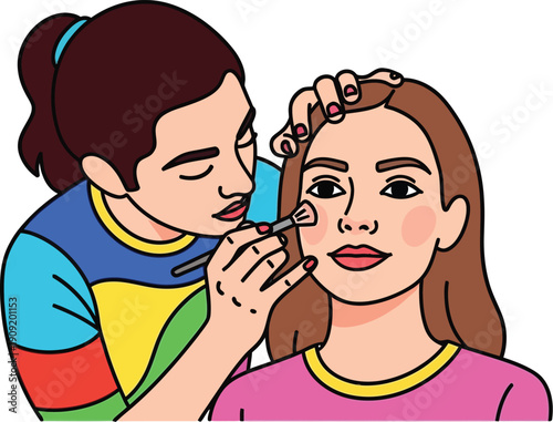 Cartoon illustration of a makeup artist applying blush to a woman's cheek with a brush, both women with brown hair, isolated on white background