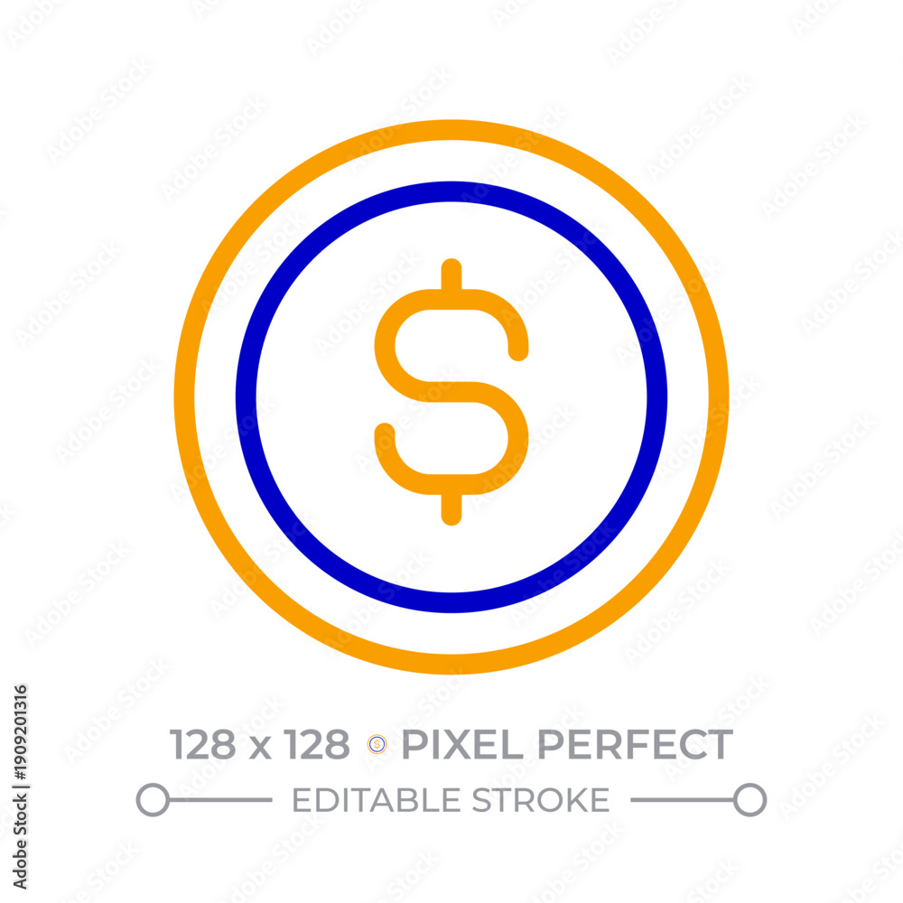 Obraz premium Coin with dollar sign pixel perfect two color line icon. Cash money for payment. Financial income and savings bicolor outline symbol. Duotone linear pictogram. Isolated illustration. Editable stroke