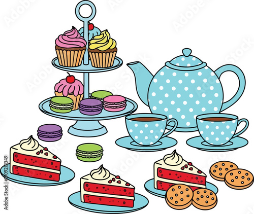 Light blue polka dot teapot with two matching teacups and saucers, two slices of red velvet cake, two chocolate chip cookies, and a two-tier stand with four cupcakes and five macarons