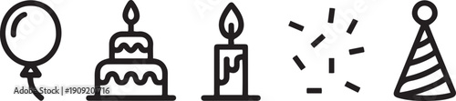 A set of five minimalist line icons for a birthday party, including a balloon, cake with one candle, a single lit candle, confetti, and a striped party hat in a simple.