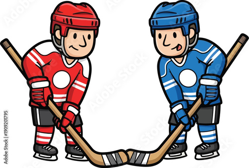 Two cartoon hockey players face off in a competitive game, sticks crossed and ready to start.
