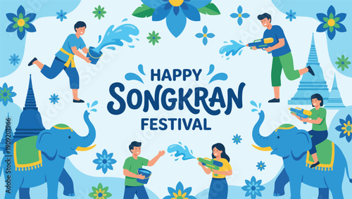 Happy Songkran Festival Illustration with People and Elephants Playing Water