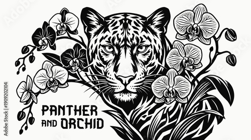 panther face combined with orchid floral elements in dramatic ornamental tattoo design illustration expressing artistic mystical nature symbol aesthetic decorative ink concept