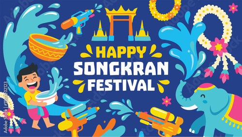 Colorful Songkran Festival Illustration with Elephant Water Guns and Thai Culture