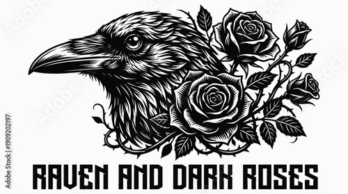 raven face fused with dark rose floral composition in gothic ornamental tattoo design illustration representing artistic mystical nature symbol aesthetic decorative ink concept black and white