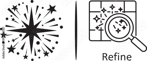 Two vector icons featuring a black celestial starburst and a magnifying glass inspecting a grid, both with magical star accents to represent deep search, refinement, and detailed discovery.