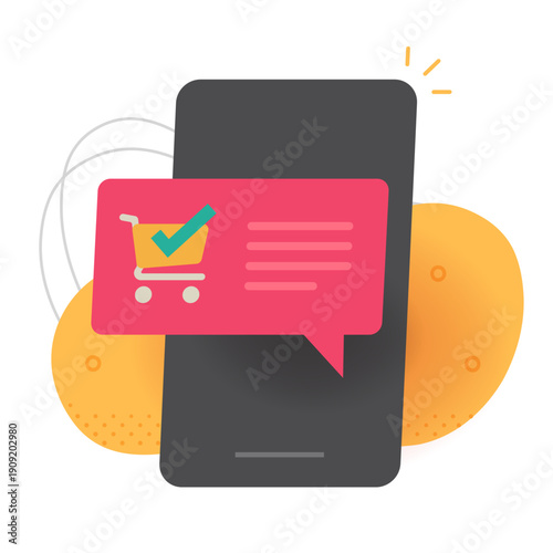 Notification sale on mobile cell phone message icon vector modern graphic design illustration, smartphone internet shop store online order cart purchase notice, ecommerce technology purchase image
