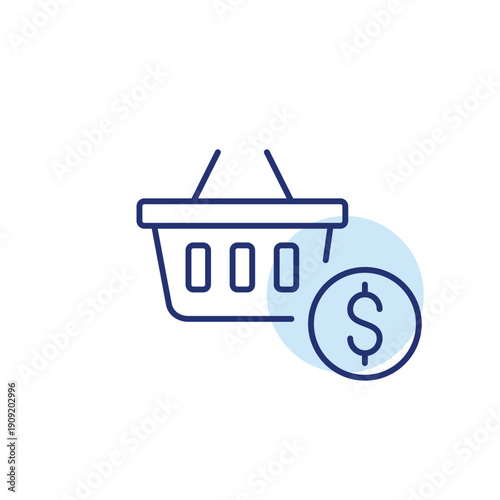 Shopping basket and dollar sign. Payment for purchase, mobile commerce budget. Pixel perfect, editable stroke vector icon