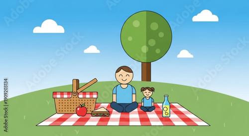Father and son enjoy a picnic on a red and white checkered blanket outdoors