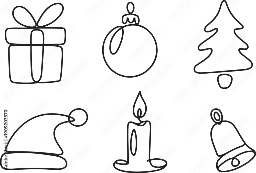 Obraz premium set of christmas one line doodles. christmas continuous on line drawing. gift box, christmas ball, christmas tree, santa claus hat, candle and bell.one line icon illustration with white background