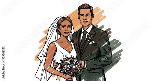 Multiracial wedding couple standing together in elegant attire