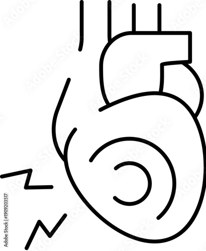 Human heart icon showing sharp zigzag pain lines indicating cardiac arrest or heart attack, minimalist black and white line art symbolizing heart disease, emergency, and chest pain